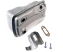 Metal muffler with gasket and bolts on a white background