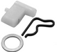 Mechanical parts including a white cylindrical component, black curved piece, and metal washer on a white background.