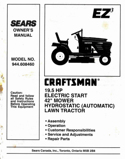 944.608460 Manual for Craftsman 19.5 HP 42" Lawn Tractor | DRMower.ca