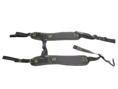 Black safety harness with green buckles on a white background